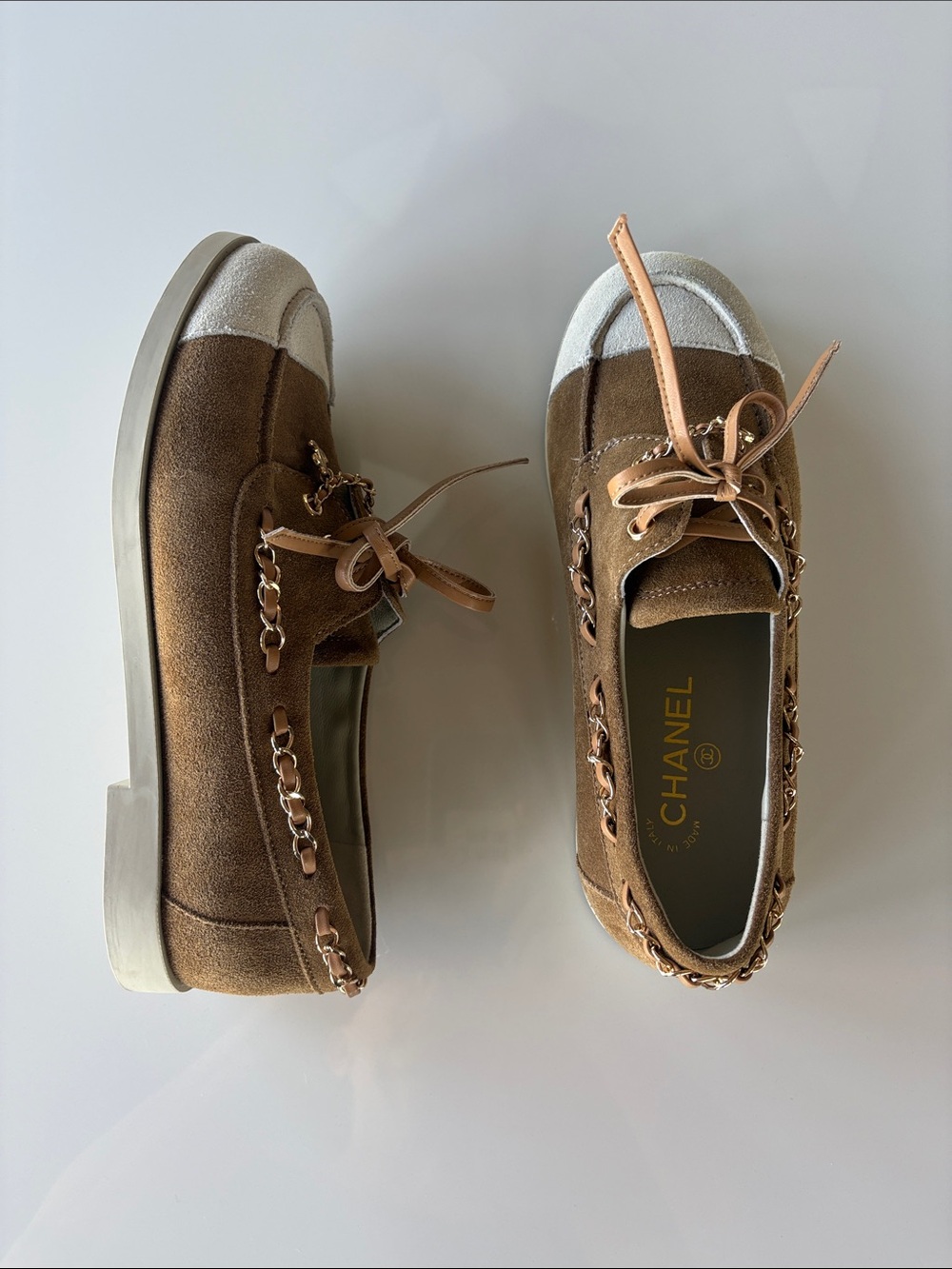 CHANEL Brown Suede & White Toe Cap Lace-Up Shoes with Chain Trim